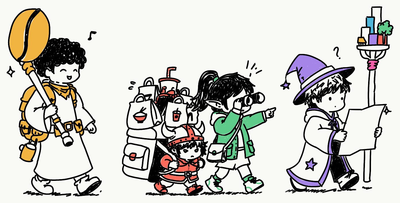 A parade of hand-drawn adventurers walking through the city: a bard carrying a coffee-bean lute, a small viking hauling takeout bags, an explorer with binoculars, and a wizard reading a map.