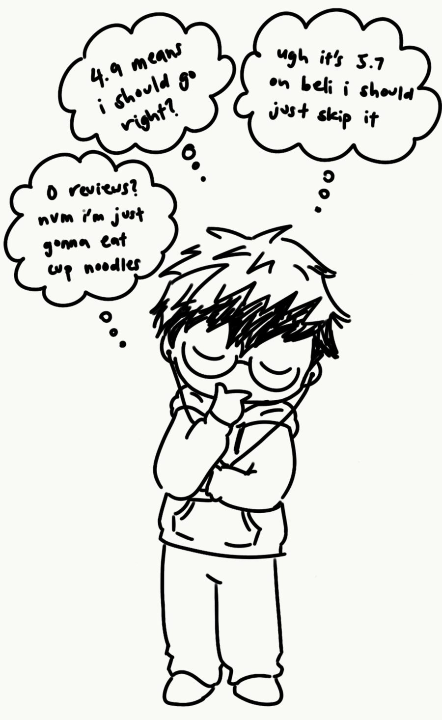 A doodle of someone frozen mid-decision. Their thought clouds read: 4.9 means i should go right? ugh it's 5.7 on beli i should just skip it. 0 reviews? nvm i'm just gonna eat cup noodles.