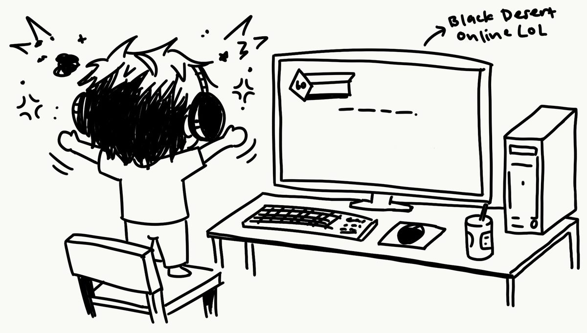 A kid standing on a chair in front of a PC, arms up mid-celebration, headphones on. A handwritten note points at the screen: Black Desert Online lol.